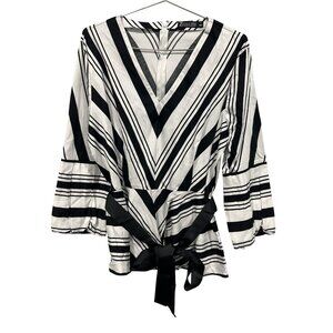 New York & Company 7th Avenue Black & White Striped Wrap Blouse L Cotton Blend